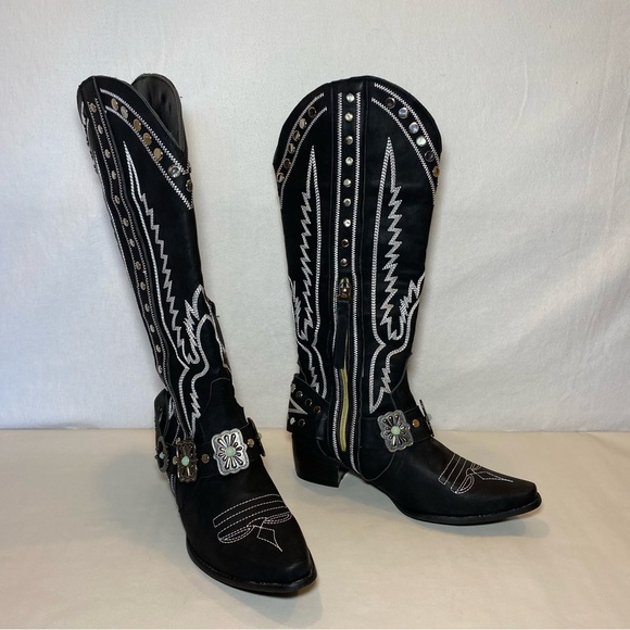 Cowgirl Boots Studded Pointed Toe Boho Western Festival Party Side Zip Women’s 8 - Picture 1 of 10